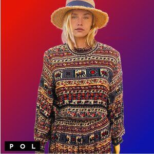 POL Vintage Boho Earthy Colors Floral Vines Animal Motifs Midi Dress Sz M / L
